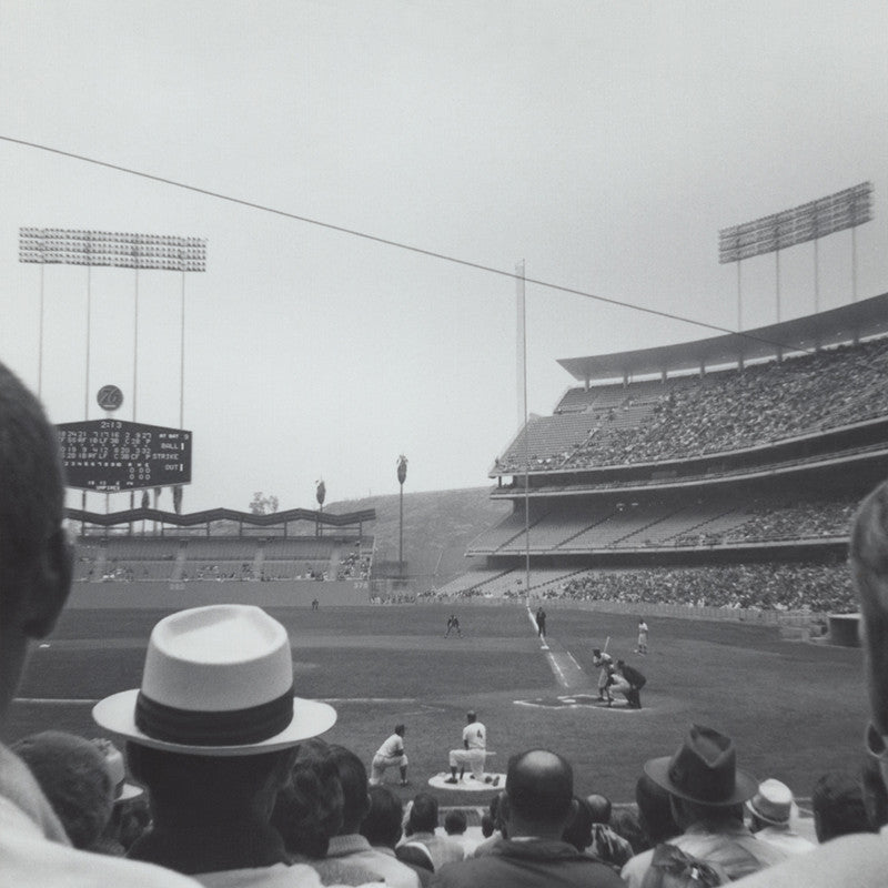 Black and white vintage photograph of the LA Dodgers stadium in 1962