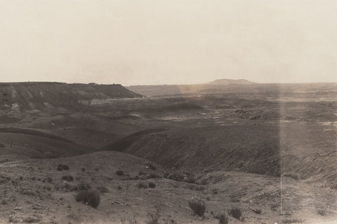 Cream-hued vintage photograph of a desert landscape