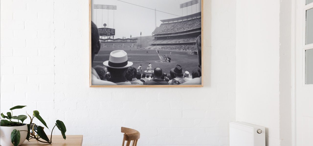 Vintage black and white photograph of a Dodgers baseball game in '62